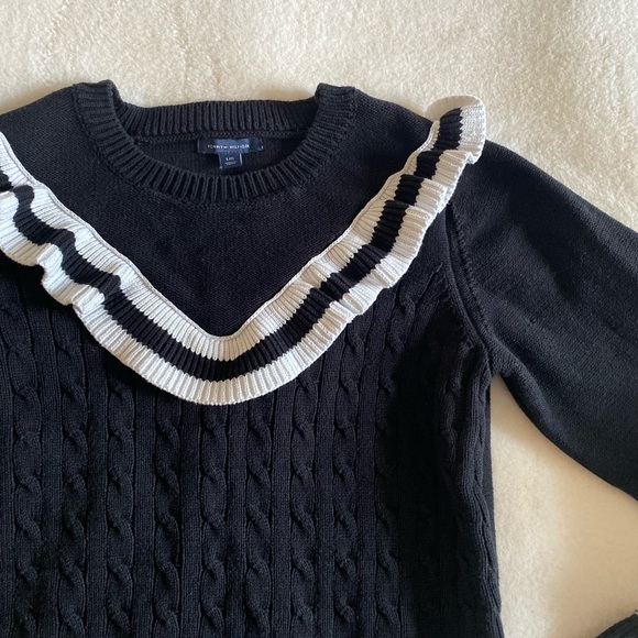 Tommy Hilfiger cotton cable sweater | black | ruffle | preppy | country club | L - Picture 3 of 3
